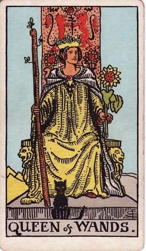 완드 퀸(Queen of Wands) — 라이더-웨이트 덱(1909)