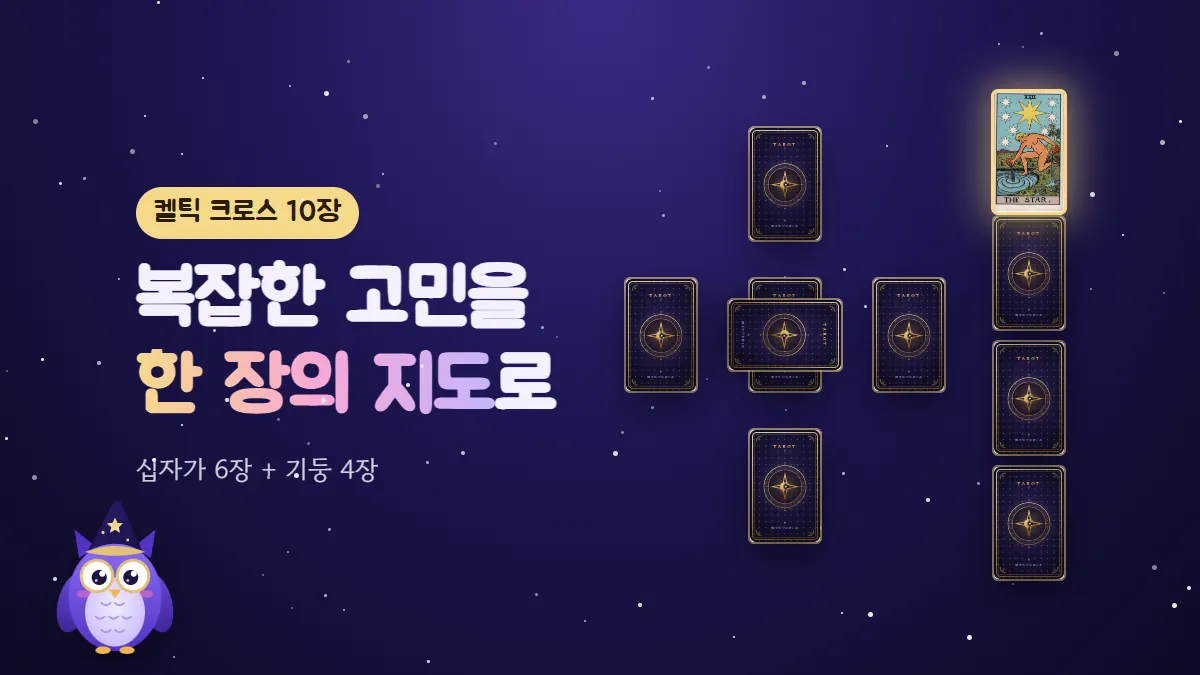 카드 뒷면 아홉 장과 맨 위에서 빛나는 별 카드가 켈틱 크로스 모양으로 놓인 표지와 부엉이 멜로