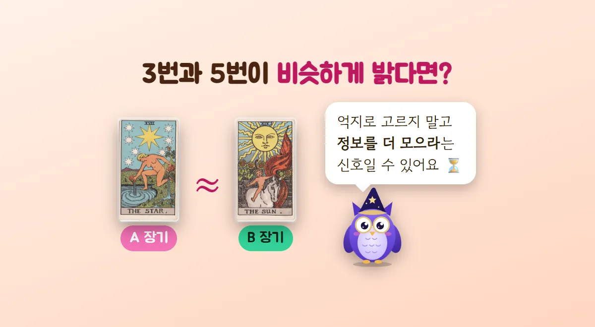 A 장기 자리의 별과 B 장기 자리의 태양이 비슷하게 밝을 때, 부엉이 멜로가 억지로 고르지 말고 정보를 더 모으라는 신호일 수 있다고 말하는 그림
