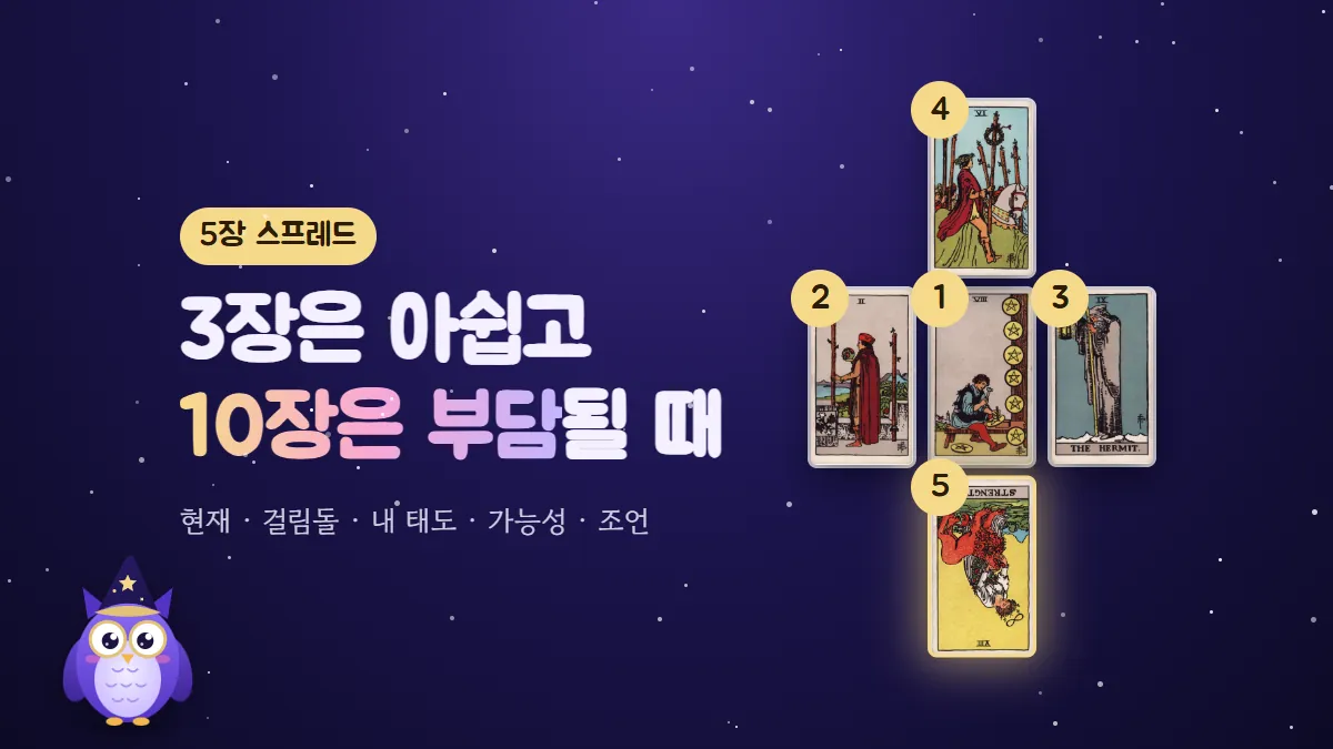 펜타클 8, 완드 2, 은둔자, 완드 6, 역방향 힘 카드가 번호와 함께 십자 모양으로 놓인 5장 스프레드 표지와 부엉이 멜로