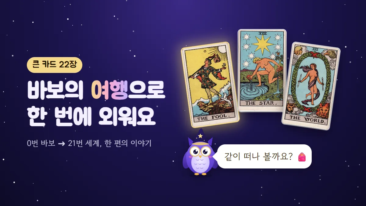부엉이 멜로 옆에 바보·별·세계 카드가 놓이고 '바보의 여행으로 한 번에 외워요'라고 적힌 표지