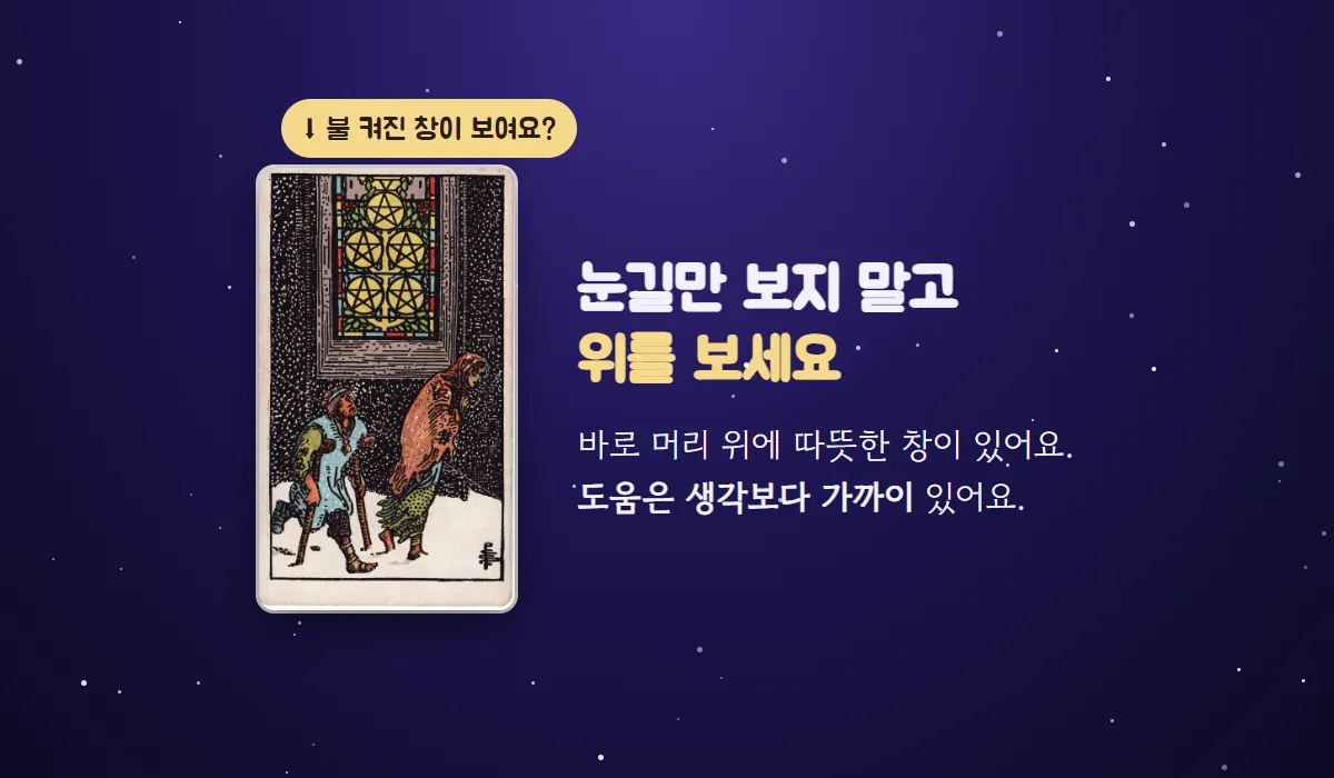 눈길을 걷는 두 사람 위로 불 켜진 성당 창이 있는 펜타클 5 카드와 '눈길만 보지 말고 위를 보세요, 도움은 생각보다 가까이 있어요'라는 문구