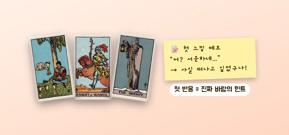 컵 4, 완드 기사, 은둔자 카드 옆에 '첫 느낌 메모 — 어? 서운하네, 사실 떠나고 싶었구나'라고 적힌 메모지를 붙인 그림