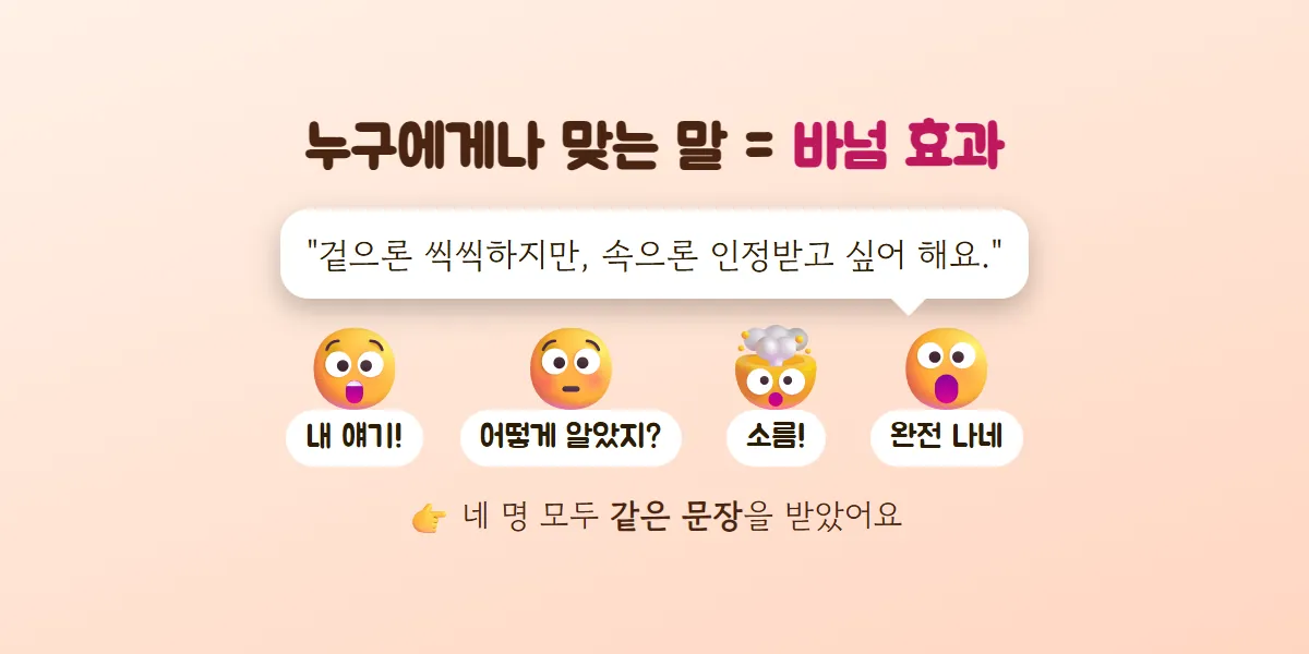 겉으론 씩씩하지만 속으론 인정받고 싶어 한다는 같은 문장을 받은 네 사람이 모두 내 얘기라며 놀라는 바넘 효과 그림