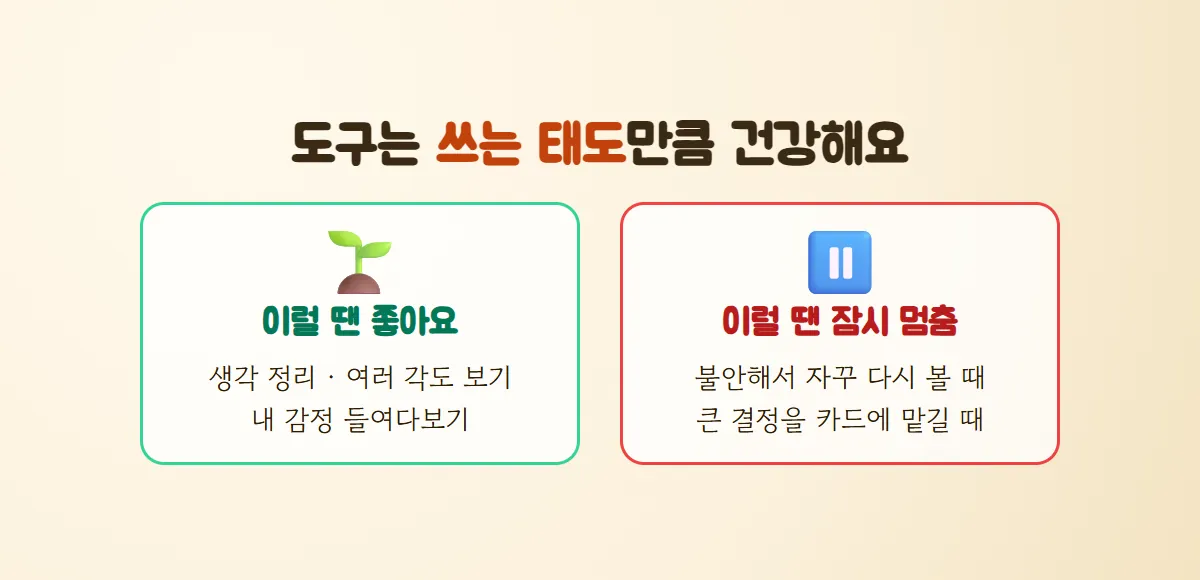 생각 정리와 감정 들여다보기에는 좋고, 불안해서 자꾸 다시 보거나 큰 결정을 카드에 맡길 때는 잠시 멈추라고 두 칸으로 정리한 그림