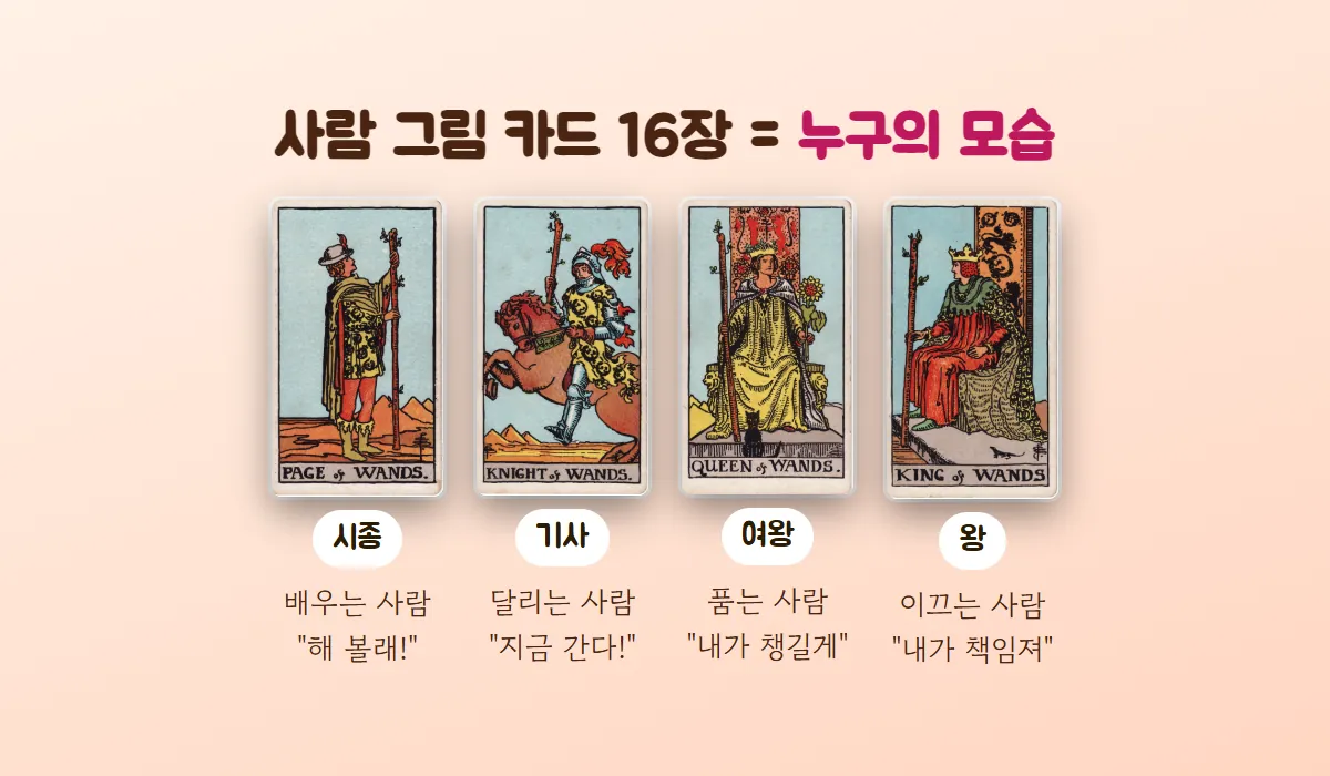 완드 시종·기사·여왕·왕 카드에 배우는 사람, 달리는 사람, 품는 사람, 이끄는 사람이라는 설명을 붙인 그림