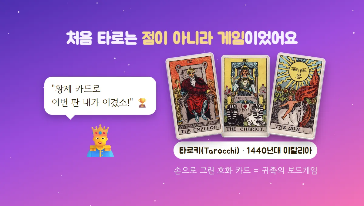 왕관 쓴 귀족이 황제 카드로 이겼다고 외치고, 황제·전차·태양 카드가 게임 패처럼 놓인 15세기 타로키 장면
