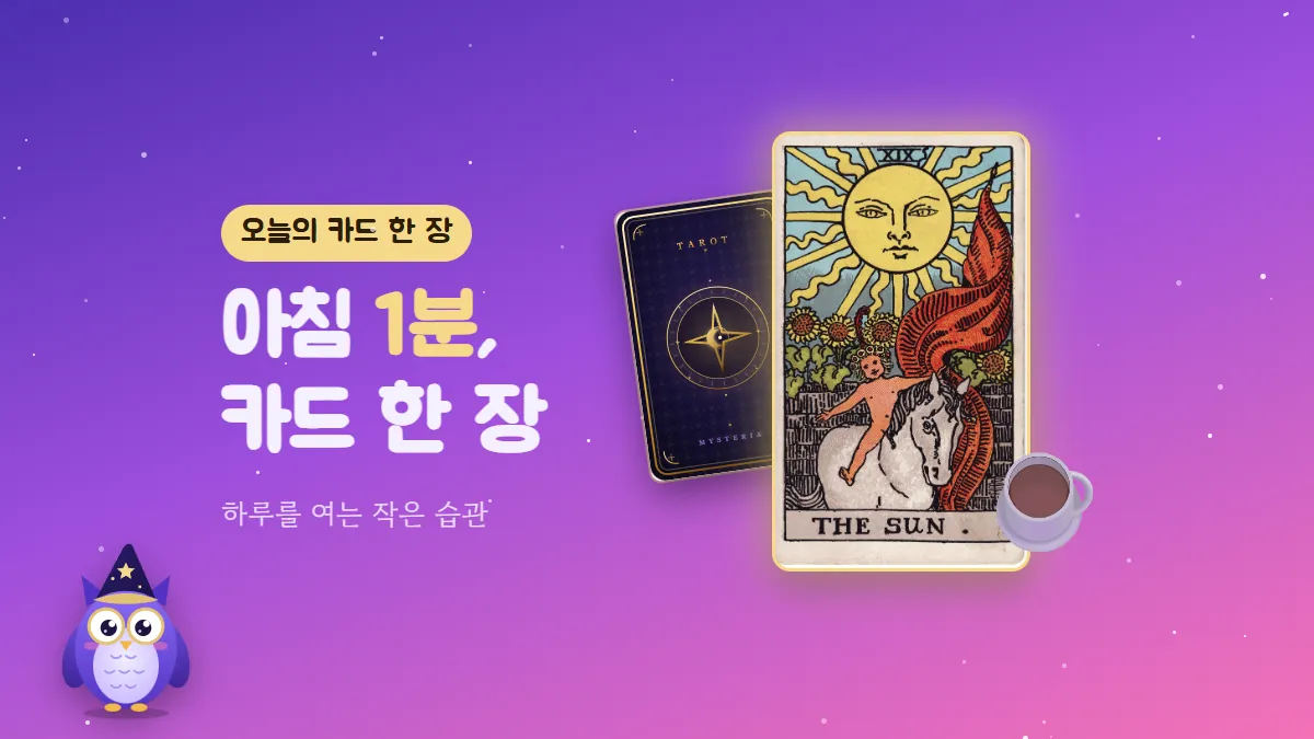 아침 커피 옆에서 태양 카드 한 장이 빛나고 부엉이 멜로가 지켜보는 오늘의 카드 표지