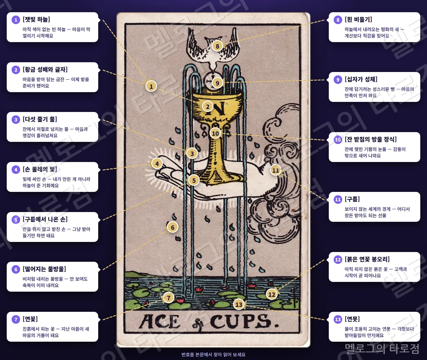 컵 에이스(Ace of Cups) 카드 그림 위에 번호 1~13 과 상징 이름·짧은 뜻을 말풍선·화살표로 표시한 해설 그림