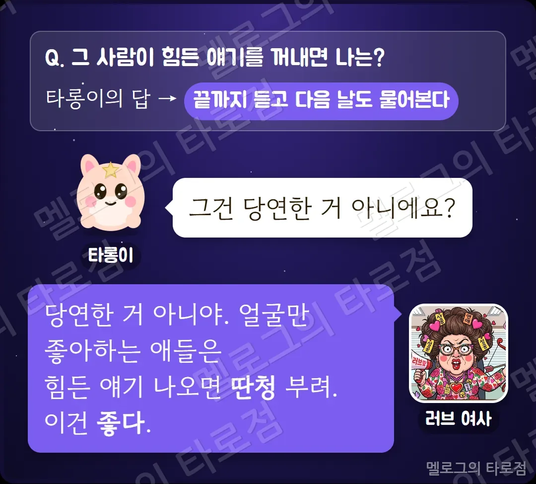 힘든 얘기 문항 — 끝까지 듣고 다음 날도 물어본다는 답에 러브 여사가 얼굴만 좋아하면 딴청 부린다며 좋은 신호라고 하는 장면