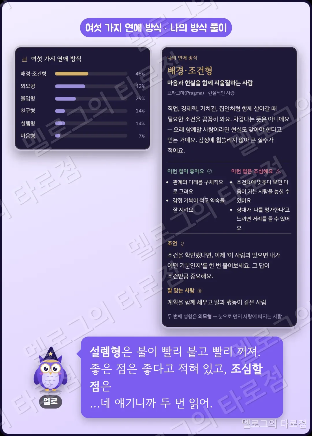 여섯 가지 연애 방식과 나의 방식 풀이 캡처 — 설렘형은 불이 빨리 붙고 빨리 꺼지니 조심할 점을 두 번 읽으라는 멜로