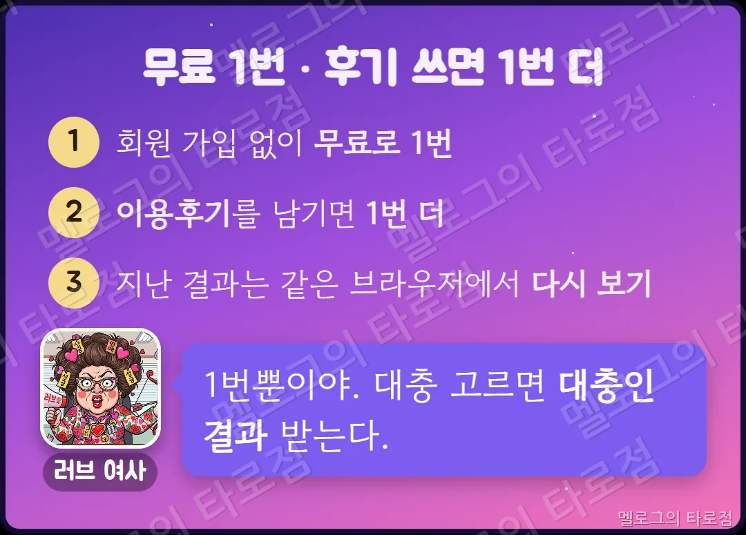 무료 1번, 이용후기를 쓰면 1번 더, 지난 결과 다시 보기 안내