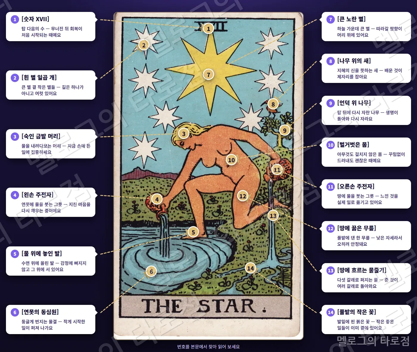 17 별(The Star) 카드 그림 위에 번호 1~14 과 상징 이름·짧은 뜻을 말풍선·화살표로 표시한 해설 그림