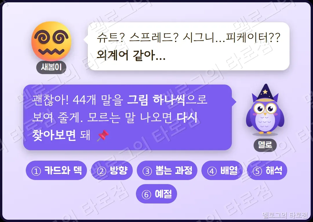 새봄이가 타로 용어가 외계어 같다고 하자 멜로가 44개 말을 그림으로 보여 주겠다고 하는 칸과 여섯 장 목차
