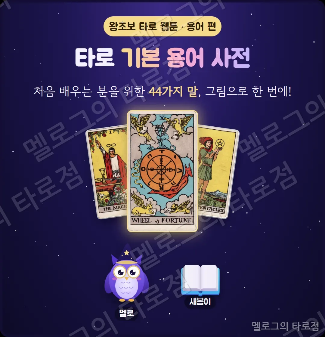 왕초보 타로 웹툰 용어 편 표지 — 멜로와 책을 든 새봄이, 마법사·운명의 수레바퀴·펜타클 시종 카드